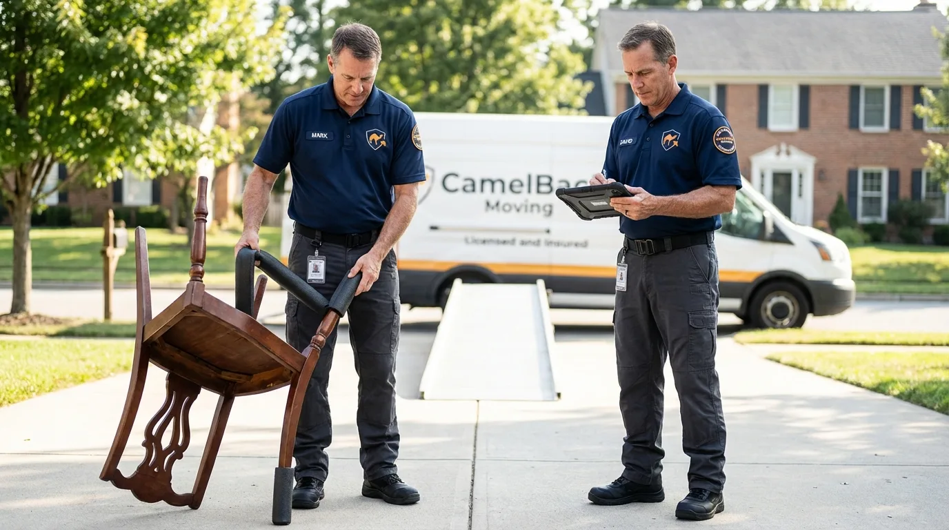 Movers inspecting furniture for damage prevention before loading in Phoenixville, PA
